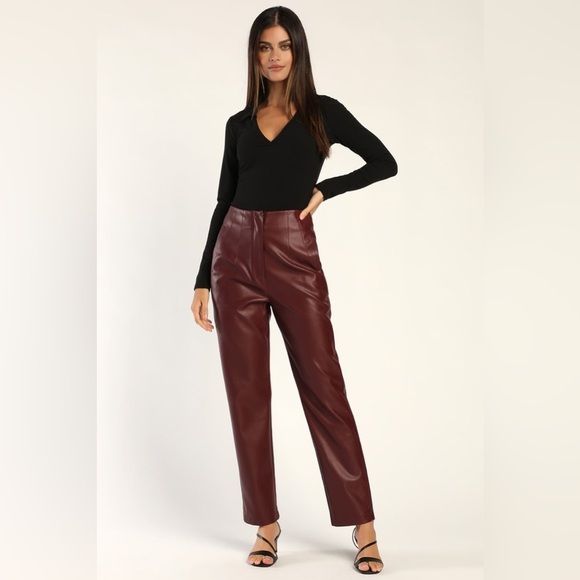 NWT Lulus Icon Living Burgundy Vegan Leather High-Waisted Trousers - Picture 1 of 5